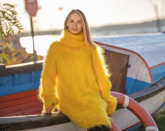 Pull à col roulé en mohair jaune moelleux, pull d'hiver sensuel doux avec col en T T1294