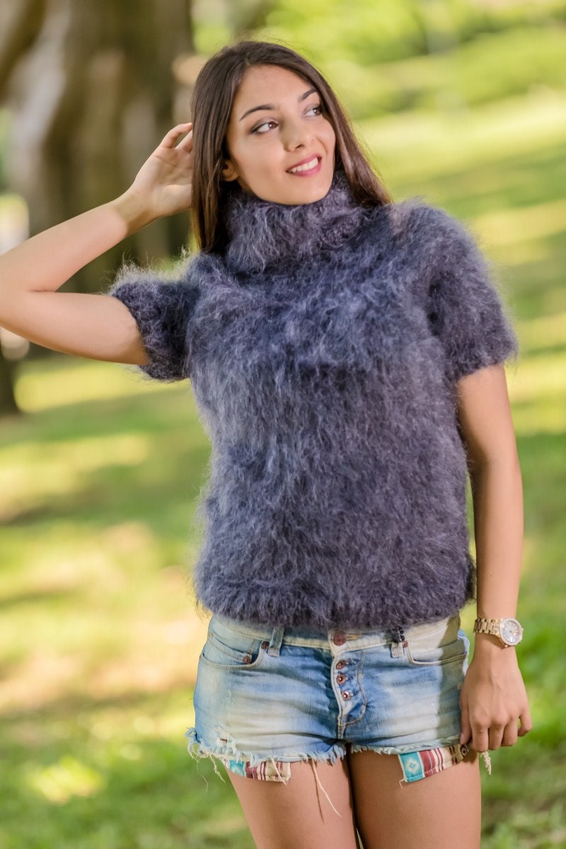 Short Mohair Sweater, Short Sleeve Sweater, Hand Knitted ...