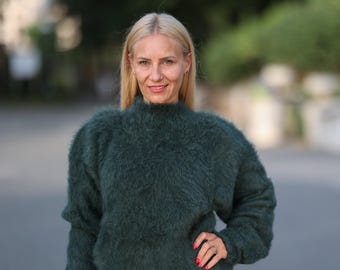 Grön Suri Alpackatröja, Mjuk långhårig ulltröja T1446