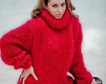 Pull En Mohair Câble Rouge Designer – Marque SuperTanya, Taille XL, Fait Main En Bulgarie – Neuf Avec étiquettes