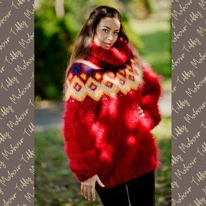 Mohair wool sweater / pullover / red , yellow , rustic / lopapeysa Iceland sweater T104
