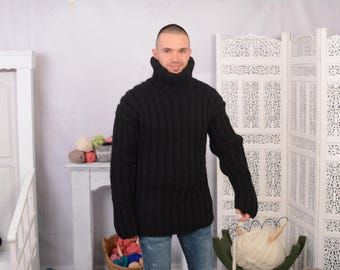Black Ribbed Wool Sweater – Hand-Knitted Chunky Oversized Turtleneck for Men T711M