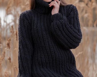 Wool Sweater Black, Hand Knitted 100% Wool Pullover T440