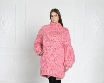Pink Cable Knit Merino Sweater, Hand Knitted Chunky Wool Pullover T624W