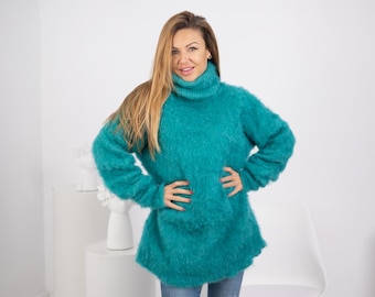 Hårig turkos alpackatröja, handstickad fluffig tröja i mjukt naturfibergarn T1747