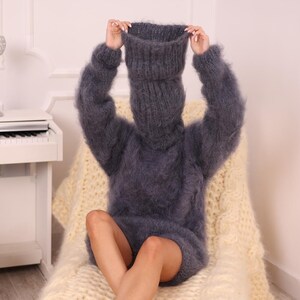 Brushed Mohair Bodysuit – Fluffy Hand-Knitted One-Piece with 70 cm Extra Long Turtleneck T1982 image 5