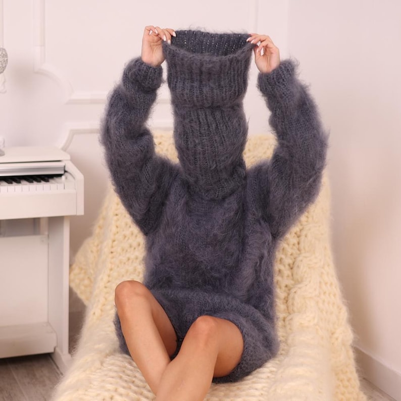 Brushed Mohair Bodysuit – Fluffy Hand-Knitted One-Piece with 70 cm Extra Long Turtleneck T1982 image 5
