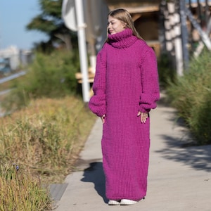 Pink Wool Knit Maxi Dress, Turtleneck Sweater Dress T1264