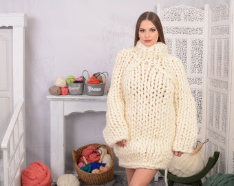 14 strands Chunky Knit Wool Sweater, Cream woolen Hand knit Pullover T707W