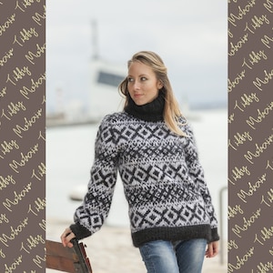 Black White T neck Icelandic Mohair sweater , Hand Knit  sweater , Turtleneck pull , Norwegian Sweater , Soft Sweater , Nordic Sweater T458