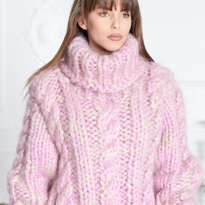 3.5 kg 15本撚りモヘアセーター - 手編みチャンキータートルネックプルオーバー T586