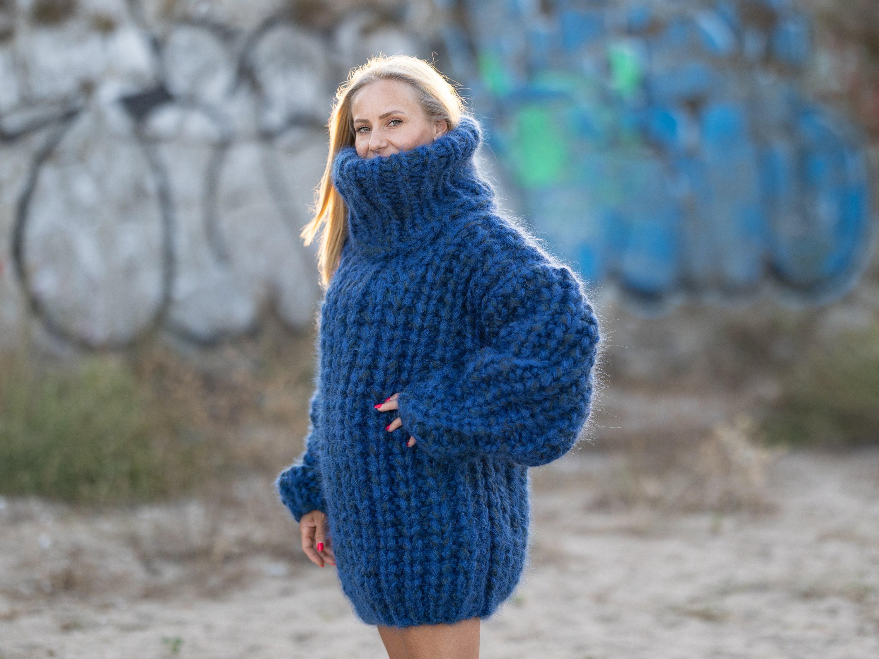 Chunky Blue Mohair Alpaca Merino Sweater, Hand Knitted 10-strand