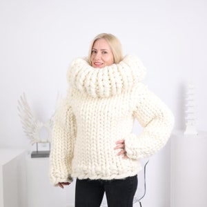 Extra thick 100% merino wool sweater wide Turtleneck , Extra Chunky and heavy knit sweater in cream, Super warm winter sweater T1626 image 7