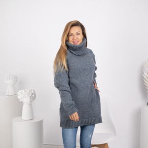 Wolle Pullover Denim Blau Rollkragen 50 cm, Handgestrickte Itchy 100% Wolle Pullover T1744