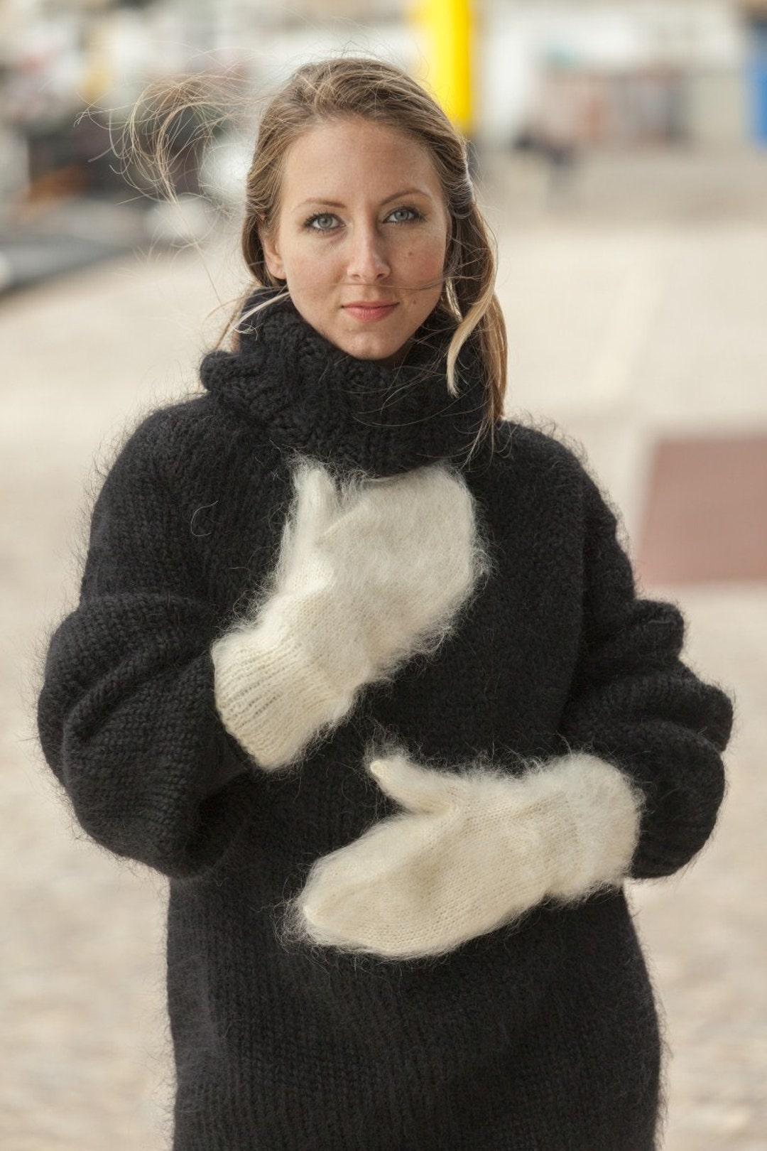 Ivory Mohair Mittens, Hand Knit Gloves, Mohair Fetish Mittens, Knitted