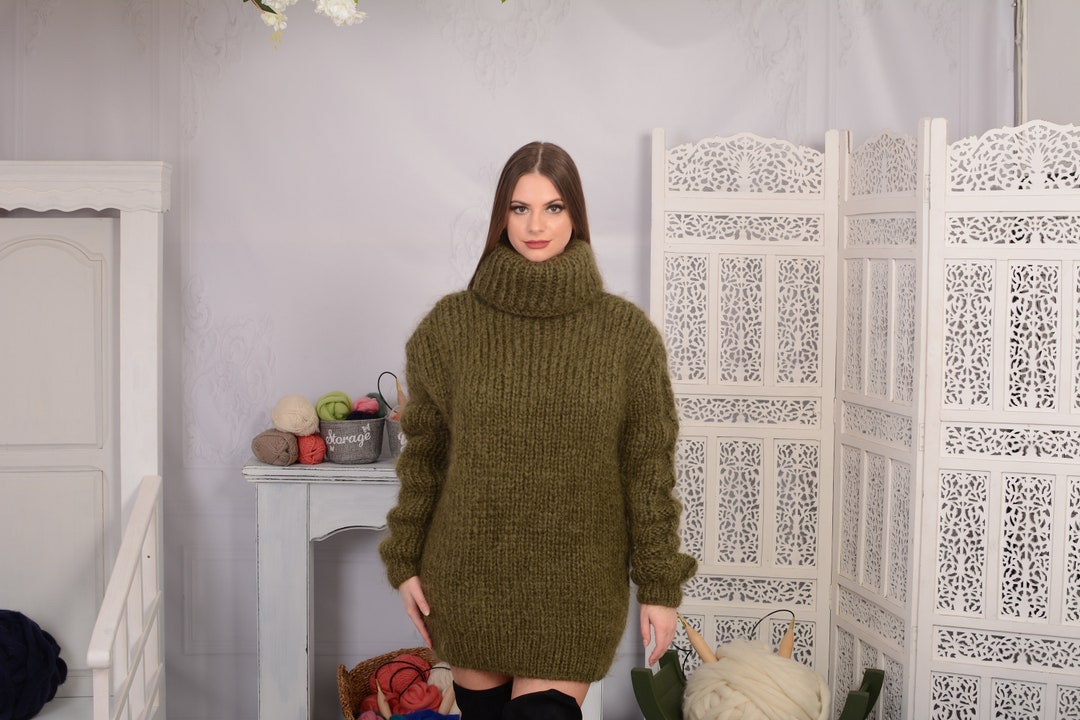 Olive GREEN Mohair Sweater, Chunky Turtleneck, Hand Knit Wosweater ...