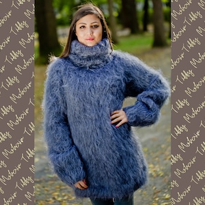 Gray Mohair Sweater, Turtleneck Sweater, Hand Knitted Sweater, T neck Jumper, Oversized Sweater, Mohair Fetish, Chunky Fluffy Sweater T167