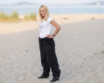 Schwarze Mohair Strickhose, Handgestrickte flauschige weiche Mohair Hose T1090