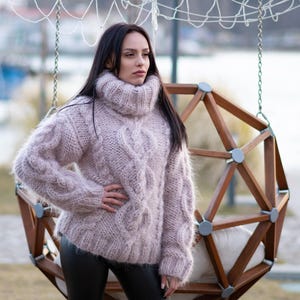 5-Strand Beige Mohair Sweater – Hand-Knitted Cabled Chunky Oversized Pullover T1176 image 7