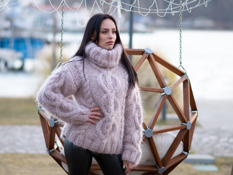 5-Strand Beige Mohair Sweater – Hand-Knitted Cabled Chunky Oversized Pullover T1176 image 7