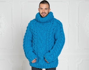 Chunky Blue Wool Sweater – 5-Strand Thick Hand-Knitted Woolen Jumper T627M
