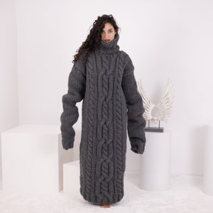 Chunky  Gray wool Dress with extra long 100 cm Sleeves , Turtleneck Maxi Dress, Chunky Woolen Dress, Long Fetish Dress T1550