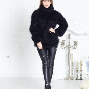 Black Fluffy Mohair Sweater, Hairy Cosy Pullover T616