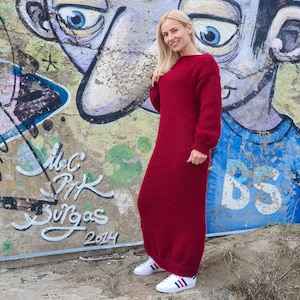 Maxi Red Mohair dress, Hand knitted long dress, Big needles hairy dress T913