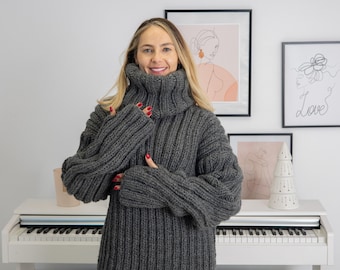 Wool Sweater Gray Ribbed Knit, Hand Knitted 100% Wool Pullover T1312