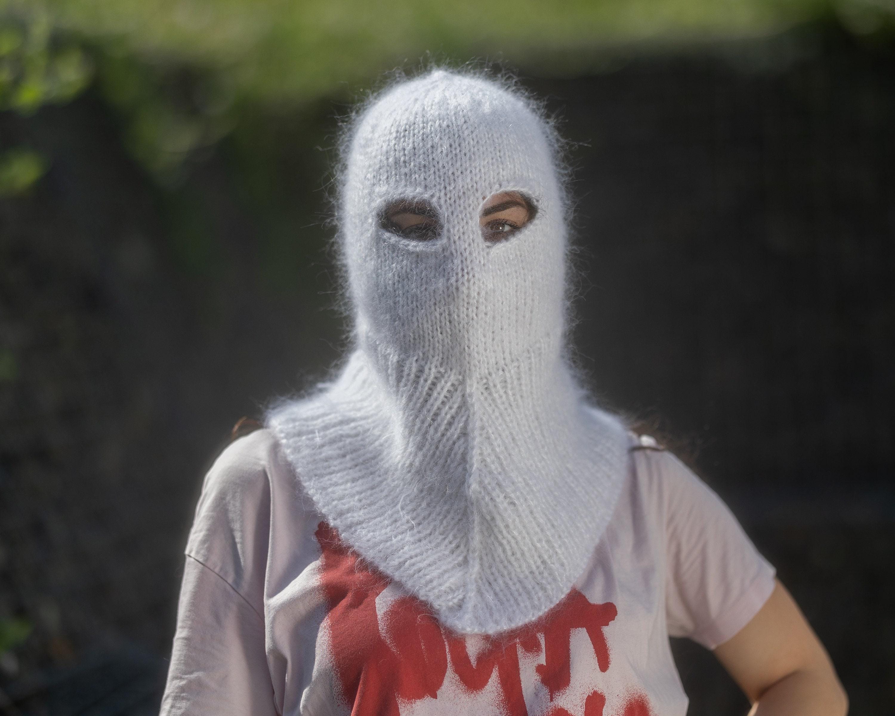 小物 melt the lady feather balaclava white White Mohair Balaclava – Hand Knitted Fluffy Slouchy Beanie Ski