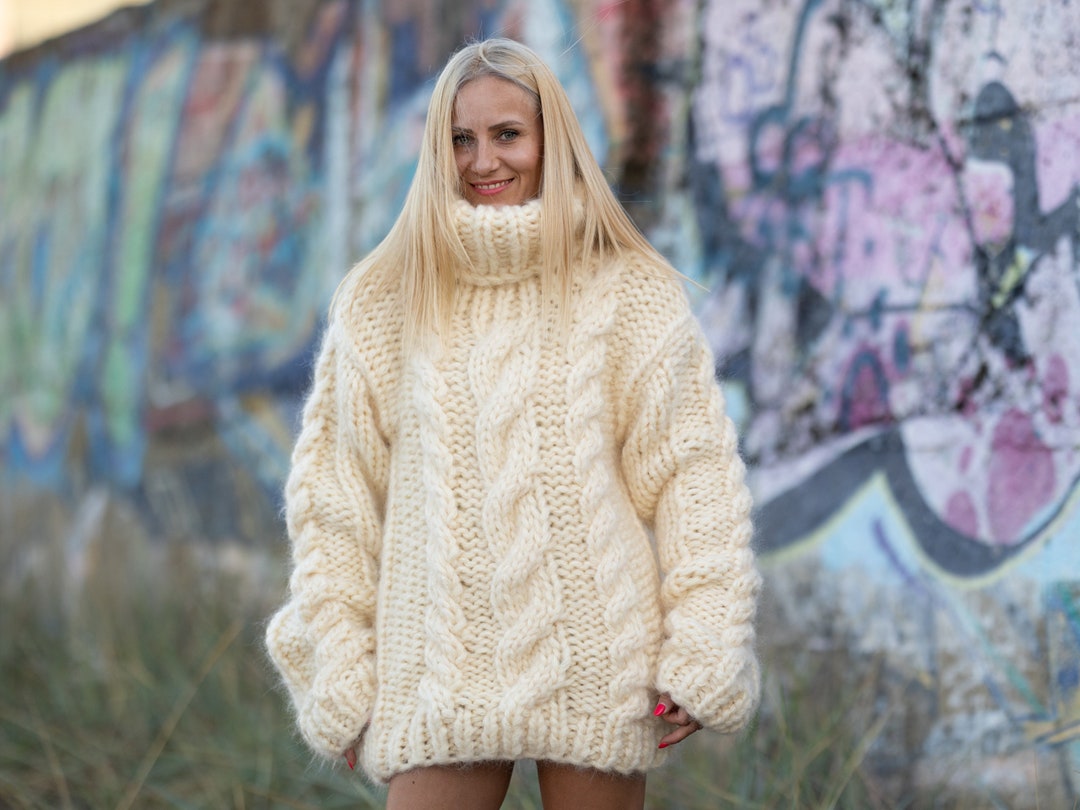 10 Strands Cables Mohair Sweater, Chunky Knit Fuzzy Jumper, Tiffy ...