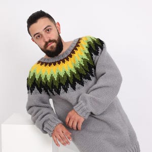 Gray Icelandic Style Sweater – Hand-Knitted Men’s Lopi Wool Pullover T1632