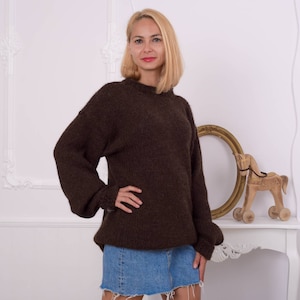 Trui van 100% alpaca, handgebreide zachte trui met ronde hals, warme lichtgewicht wollen trui T860