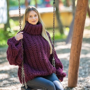 Suéter de lana de 5 hilos con canalé inglés – Tejido a mano, acogedor jersey de invierno color berenjena T1201