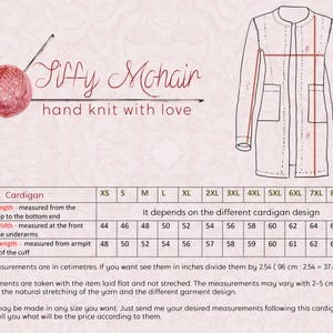 The image is a hand knit cardigan with a detailed design and measurements. It is a size cardigan, which means it is designed to fit a variety of body types. The cardigan is available in different sizes, including XS, S, M, L, XL, 2XL, 3XL, 4XL, 5XL, 6XL, 7XL, 8XL, and 9XL. The measurements are provided in centimeters, and all measurements are taken with the item laid flat and not stretched. The price of the cardigan is based on the desired measurements, and the item may be made in any size.