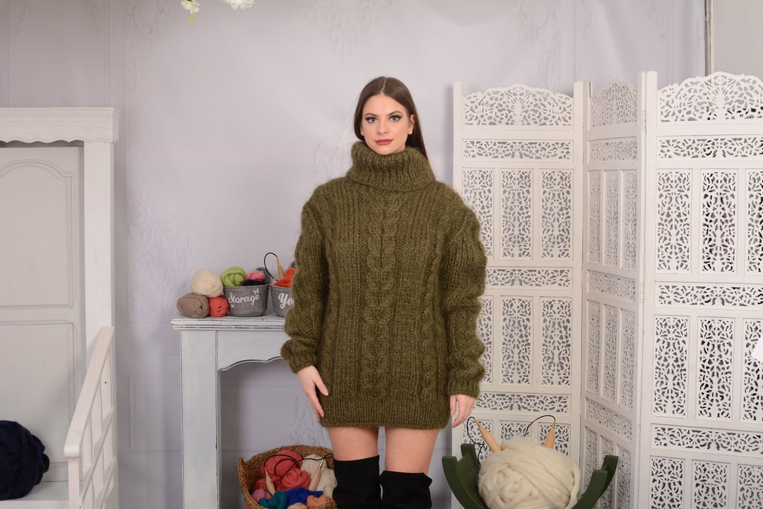 Olive GREEN Mohair Sweater Chunky Turtleneck Cable Knit - Etsy