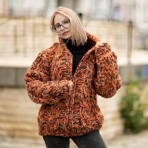 20 strands Kid Mohair, Yak, Lambswool, Merino , Alpaca and Baby alpaca yarn mix Cardigan, Thick knit Jacket in orange T1077
