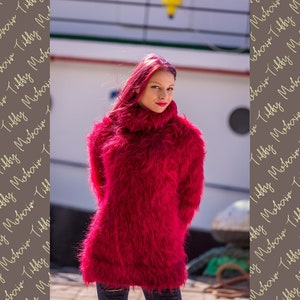 Red Mohair Sweater, Turtleneck Sweater, Hand Knitted Sweater, T neck Jumper, Oversized Sweater Mohair Fetish, Chunky Fluffy Sweater  T525