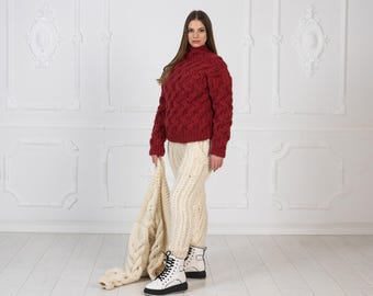 Pantalones de punto de lana color crema, joggers de lana 100% tejidos a mano para mujer T973
