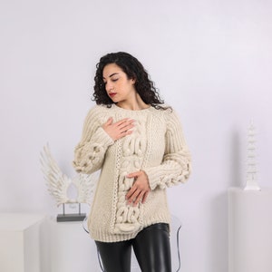 100% Alpaca Cable Knit Sweater, Hand Knitted Super Soft Chunky Crewneck Warm Pullover T1642