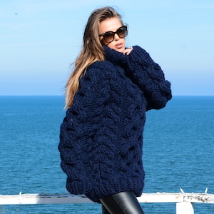 Knit Chunky Sweater, Navy Blue clothing soft texture , oversize neutral knit pullover T658W