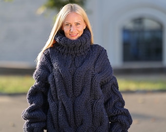 5-Strand Thick Denim Blue Wool Sweater – Massive Cable Knit Woolen Pullover T1447