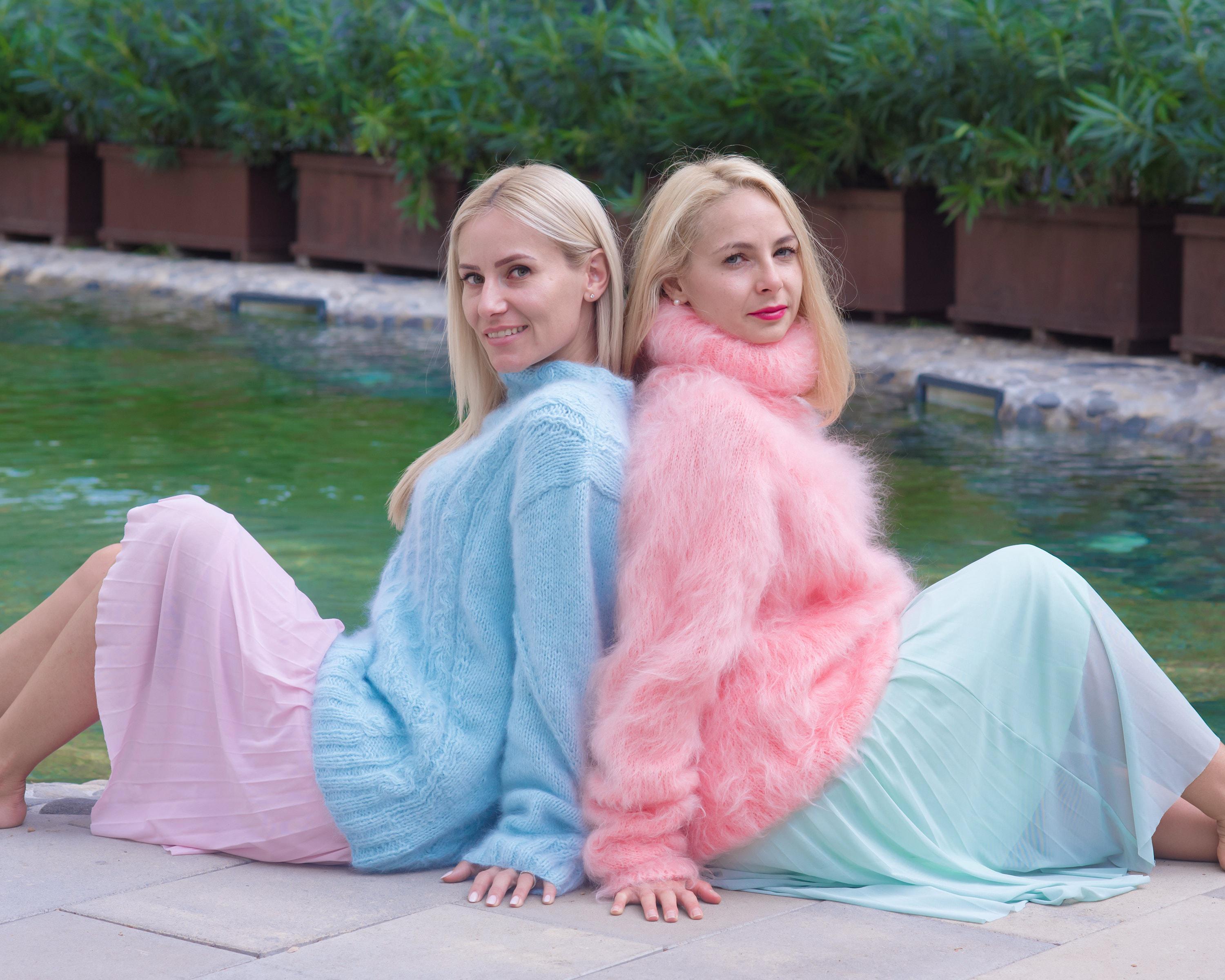 Pink Mohair Turtleneck Sweater, Hand Knitted Fluffy Soft Winter