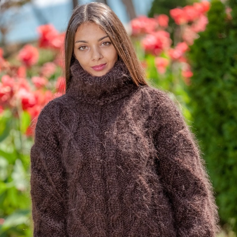 Brown Mohair Sweater, Cables Sweater, Hand Knit Sweater, Crewneck