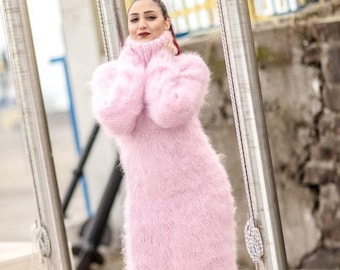 hot pink fuzzy sweater dress Dress Hot Pink Knitwear Pink Long Sleeve Long Knit Dress Light Pink Sweater  Dress Fuzzy