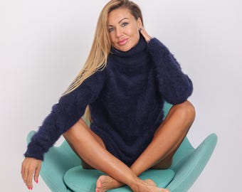 Disponibile un maglione nella taglia XL, maglione in alpaca blu, maglione lavorato a mano T1714