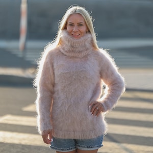 Fluffy Beige Mohair Turtleneck sweater, Soft sensual winter jumper with T neck T1474