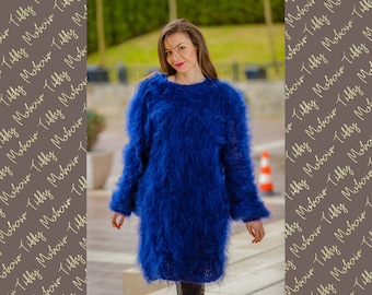 Blue Mohair Sweater, Soft Crewneck Sweater, Men Mohair Sweater, Oversized Sweater, Hand Knitted sweater, Fluffy Sweater, Loose Sweater T326