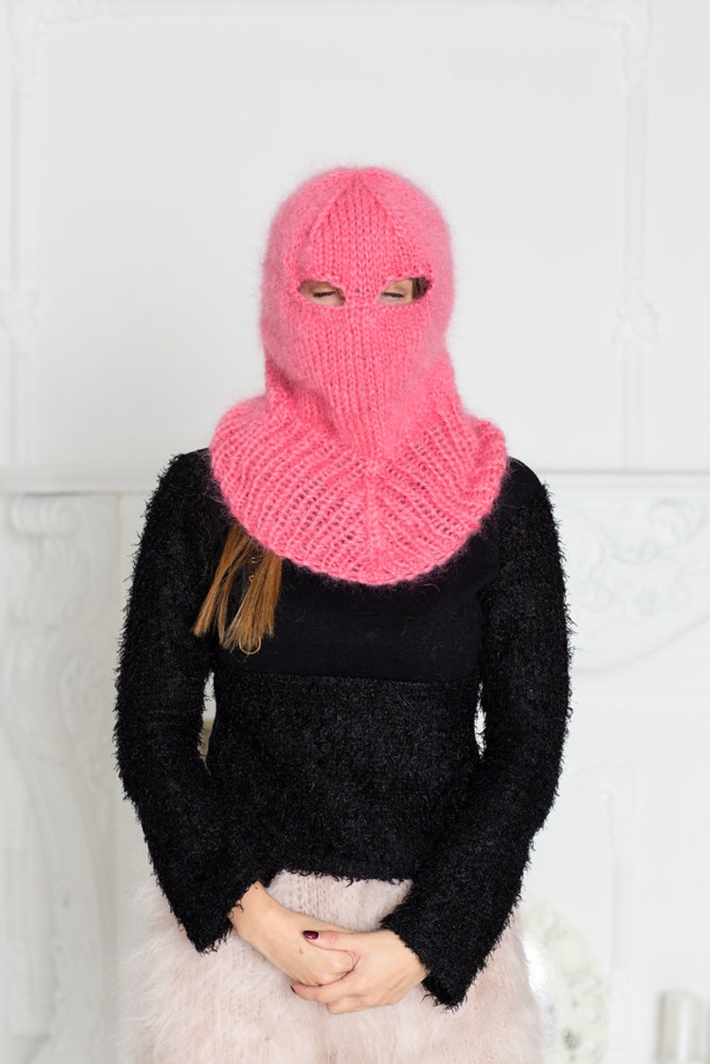 Pink Mohair Balaclava Knit Hat Fluffy Mohair Beanie Slouchy Etsy
