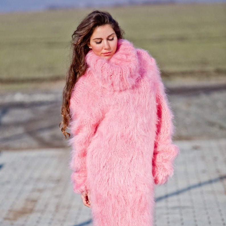 Pink Mohair Dress Turtleneck Maxi Dress Hand Knit Sweater | Etsy